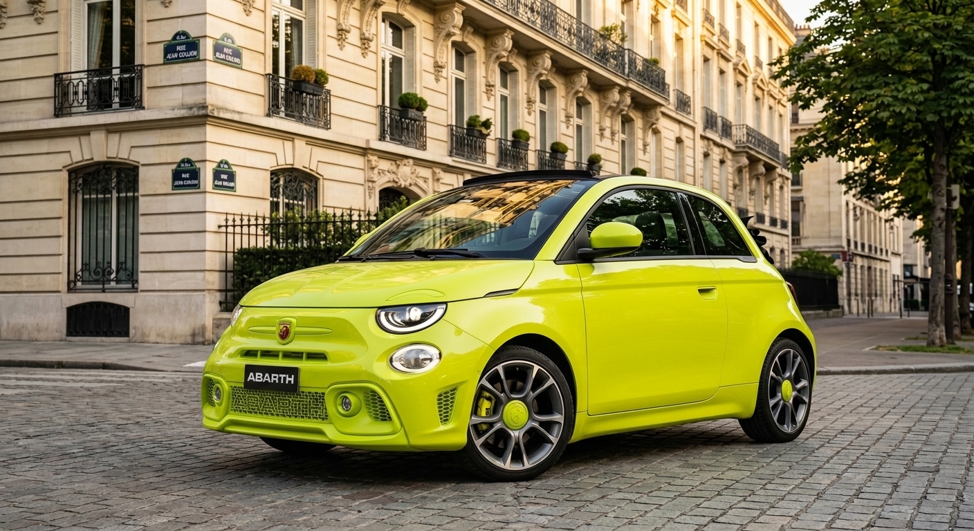 Abarth 500e Cabriolet Vert Acide — Vue trois-quarts avant
