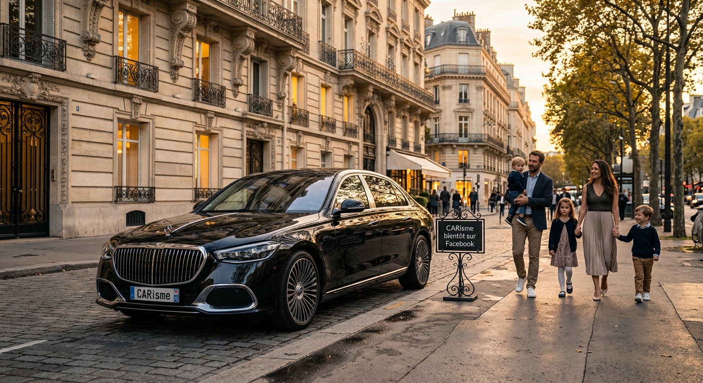 Maybach Classe S noire — portrait signature CARisme, carrosserie noire profonde sous une lumière dorée