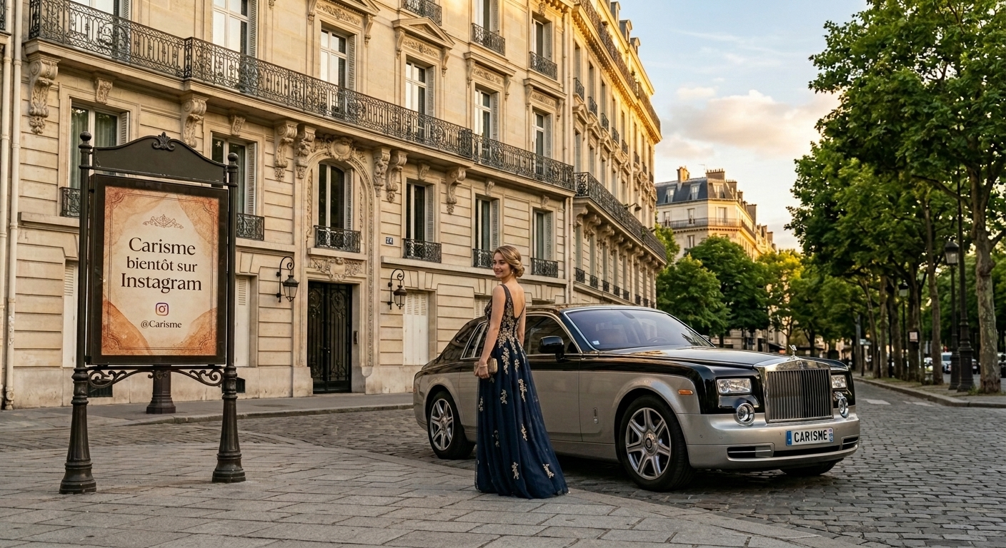 Rolls-Royce Phantom bicolore noir et champagne stationnée dans une rue haussmannienne parisienne à la lumière dorée, une femme en robe de soirée bleu nuit à ses côtés, près d'un panneau « Carisme bientôt sur Instagram »